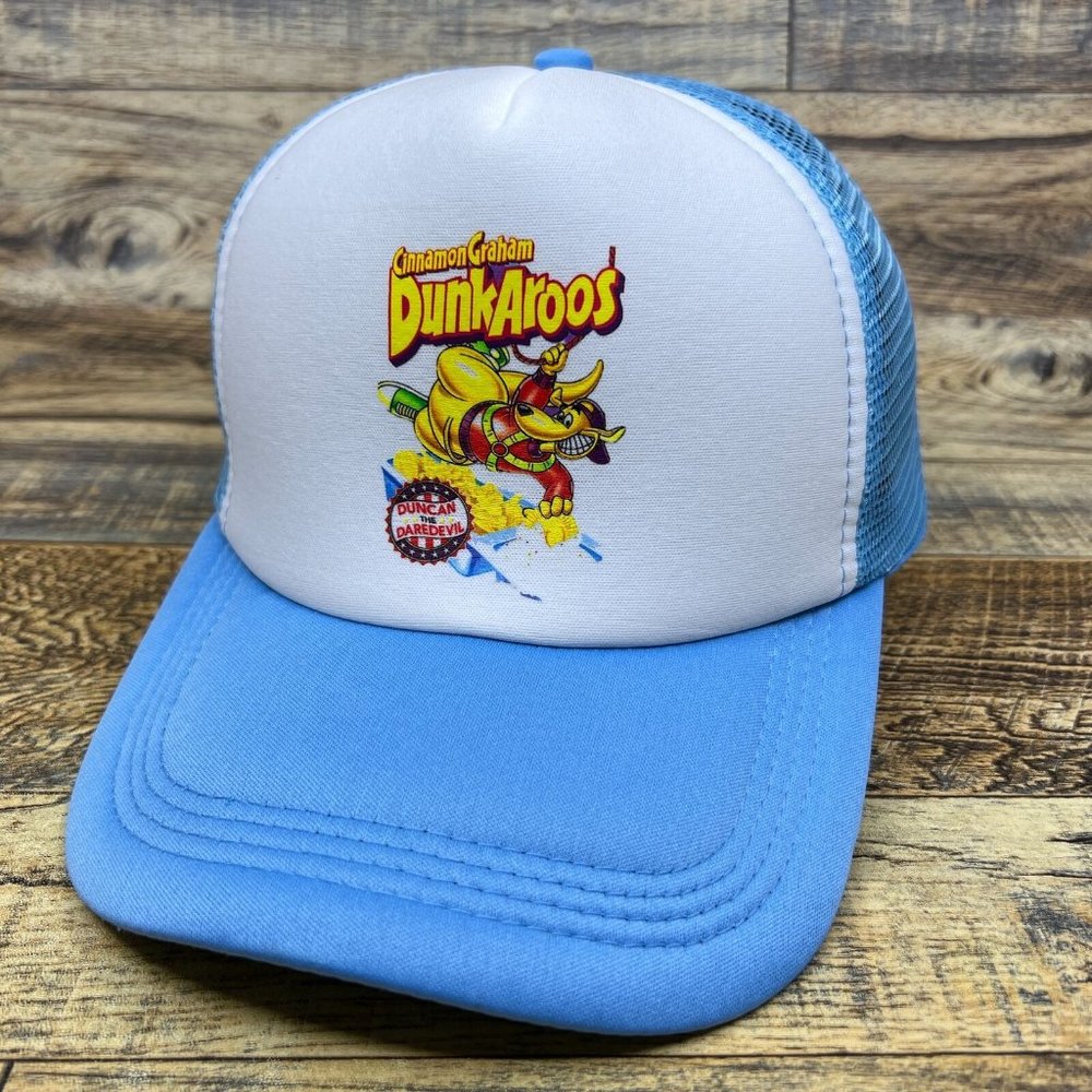 Retro Dunkaroos Mens Trucker Hat Blue Snapback 90s Vintage Snack Baseball Cap - Picture 1 of 8